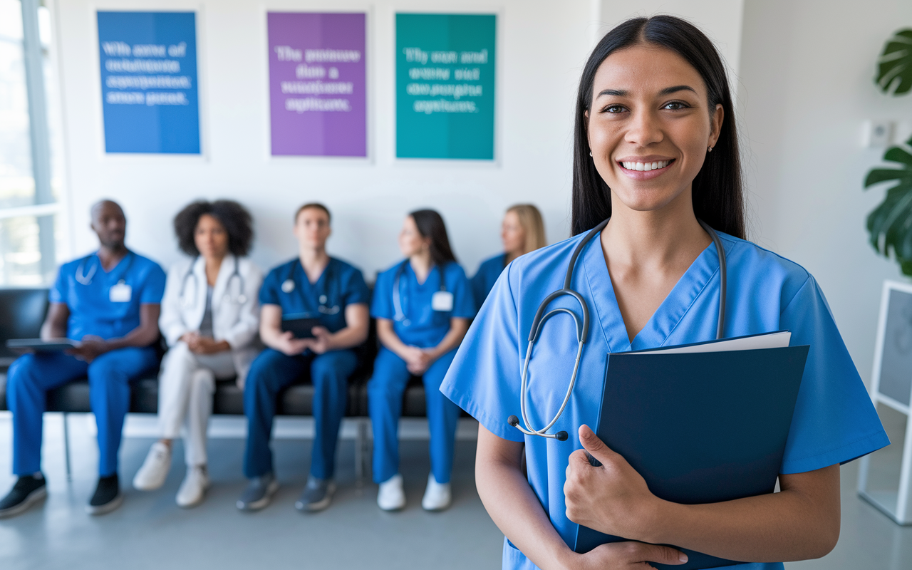 A group of diverse medical residency applicants sits in a waiting area, showcasing various backgrounds. An International Medical Graduate (IMG), a Latina woman with a confident smile, stands holding her folder, ready for an interview. The room is bright and modern, with medical posters and motivational quotes on the walls. The atmosphere is filled with anticipation, signifying the competition and the IMG's determination to stand out among applicants, emphasizing the impact of hands-on patient experience on her candidacy.