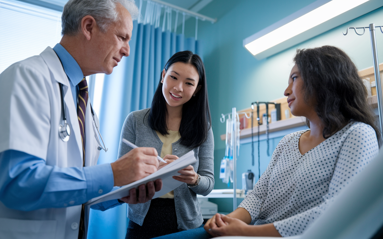 An International Medical Graduate (IMG), a young Asian-American woman, is observing a seasoned physician in a hospital room. The physician, an older Caucasian man, demonstrates a procedure to a patient seated on the examination bed. The IMG is taking notes, visibly engaged and eager to learn. The room is equipped with medical tools and charts, and the lighting is bright and clinical. This scene highlights the value of shadowing as a form of hands-on patient interaction and the learning opportunities for IMGs.