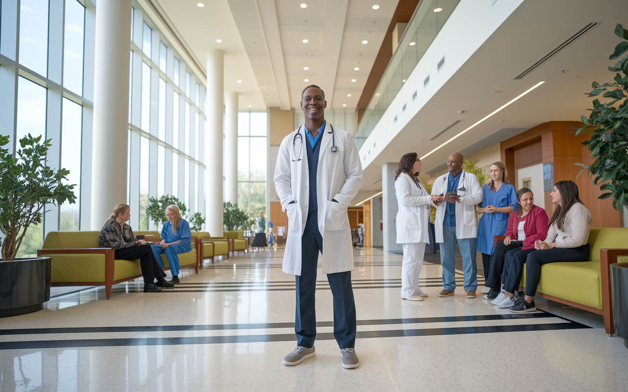 An International Medical Graduate (IMG), an African-American male, stands confidently in a modern hospital lobby, wearing a lab coat. He is surrounded by diverse healthcare professionals collaborating and interacting with patients. The lobby is bright with natural light pouring in through large windows, adorned with plants and welcoming decor. The scene encapsulates the IMG's successful integration into the U.S. healthcare system, symbolizing hope, diversity, and the contributions of IMGs to patient care.