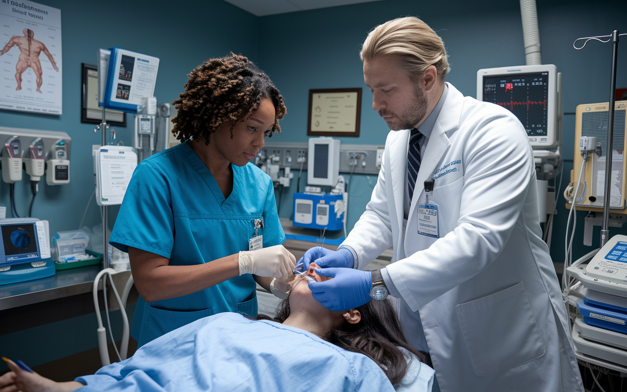 A busy hospital room with an IMG working closely with a supervising physician, both engaged in patient care. The IMG, wearing scrubs, demonstrates a procedure on a patient. The supervising physician provides guidance, both with focused expressions. Charts, medical instruments, and an array of healthcare documentation create an immersive environment showcasing the complexity of the U.S. healthcare system.