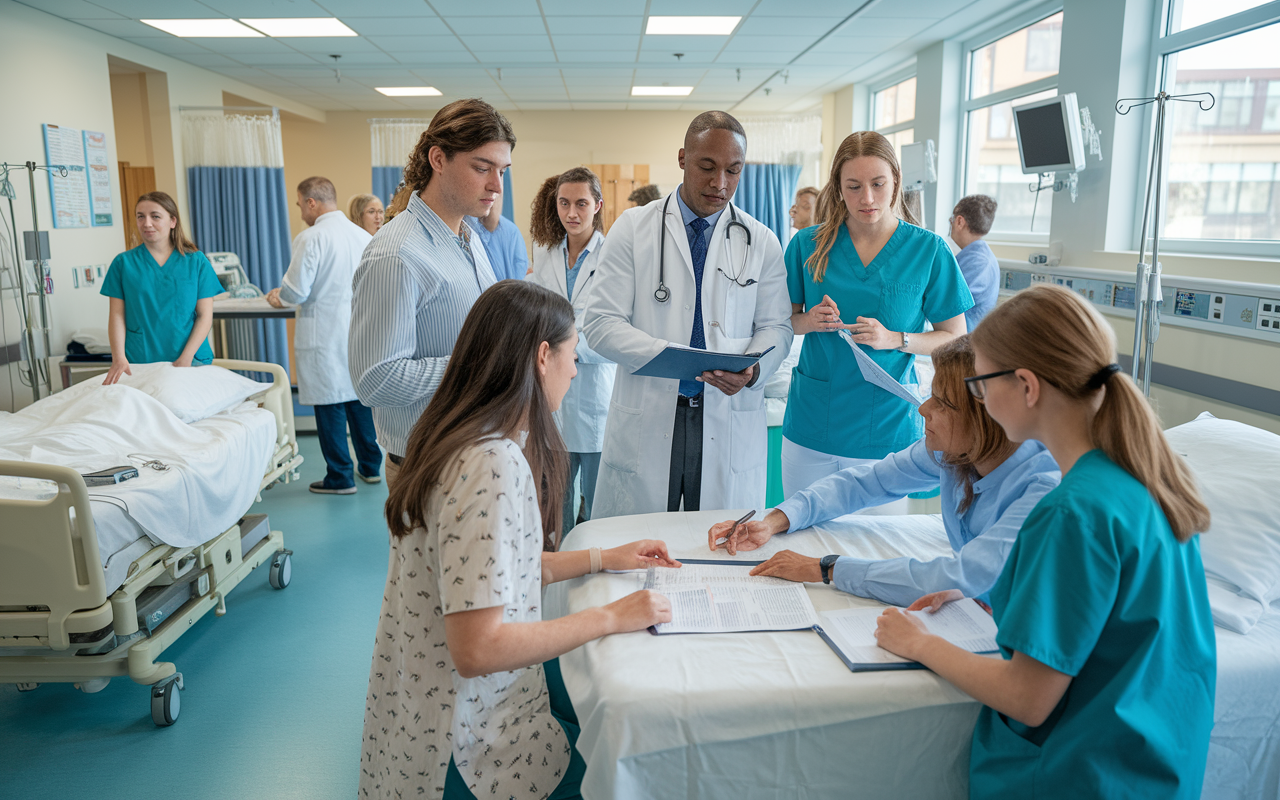 A dynamic scene in a hospital, showcasing a diverse group of IMGs participating in clinical rotations. One IMG is conducting a patient examination with a supervising doctor observing. Others are reviewing charts and engaging in discussions. The room is bright with medical posters, equipment, and patient beds, ideally illustrating the collaborative learning environment within a healthcare setting.