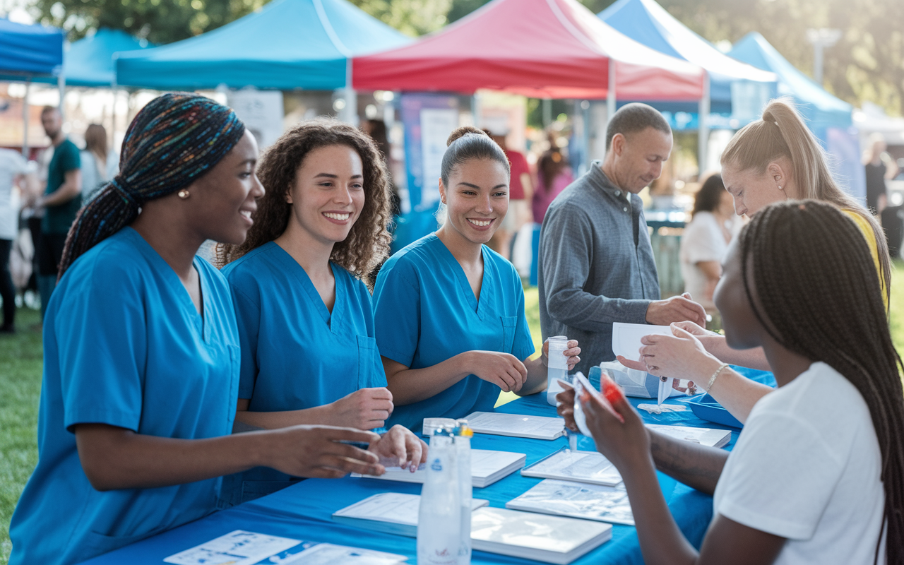 A group of enthusiastic IMGs volunteering at a community health fair. They interact with diverse patients, providing health screenings and educational materials. Colorful tents, informational banners, and engaged community members contribute to a lively atmosphere. Soft daylight creates an inviting environment emphasizing compassion and service.