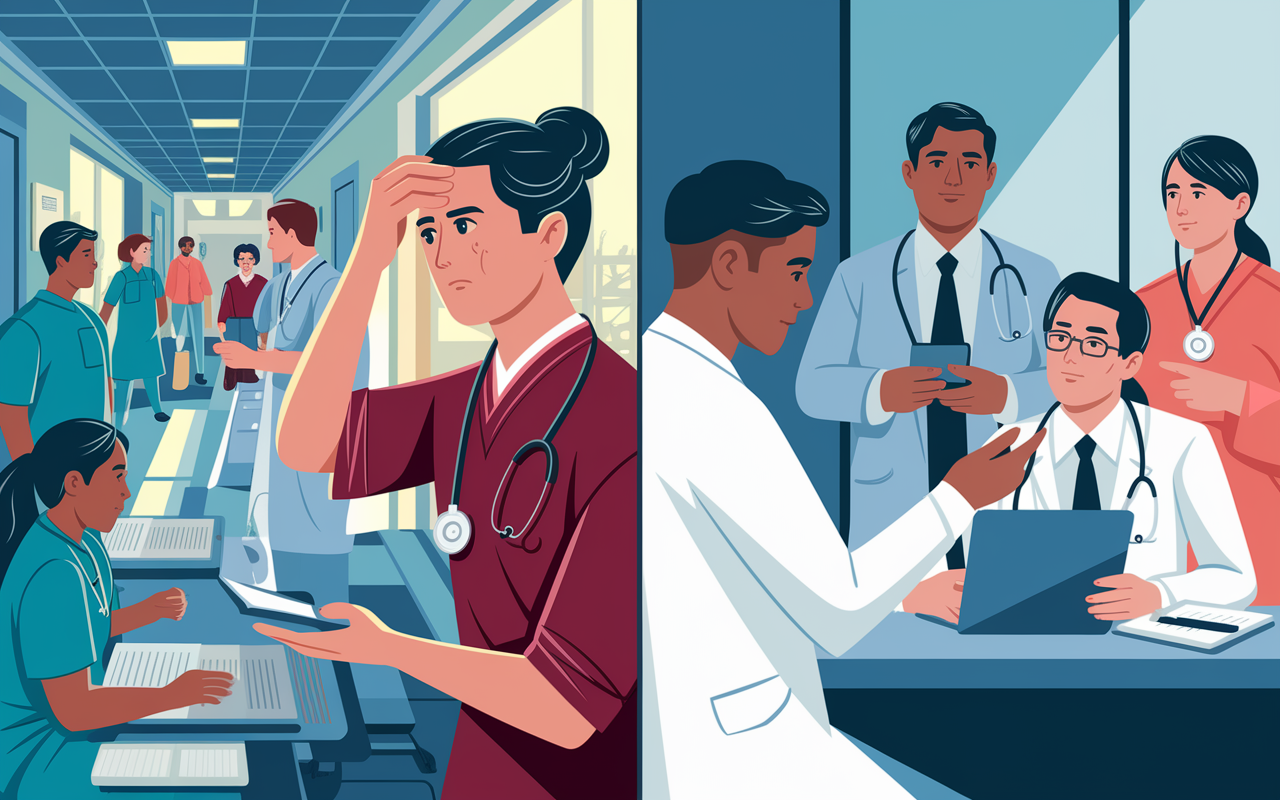 A split-scene illustration depicting the challenges faced by International Medical Graduates (IMGs). On one side, a stressed IMG in traditional attire struggling with English communication during a patient interaction amidst bustling hospital corridors. On the other side, the IMG is shown confidently sharing knowledge with a diverse team of medical professionals in a collaborative meeting setting. The lighting symbolizes hope and determination, with a focus on the contrast between the initial struggles and eventual success.