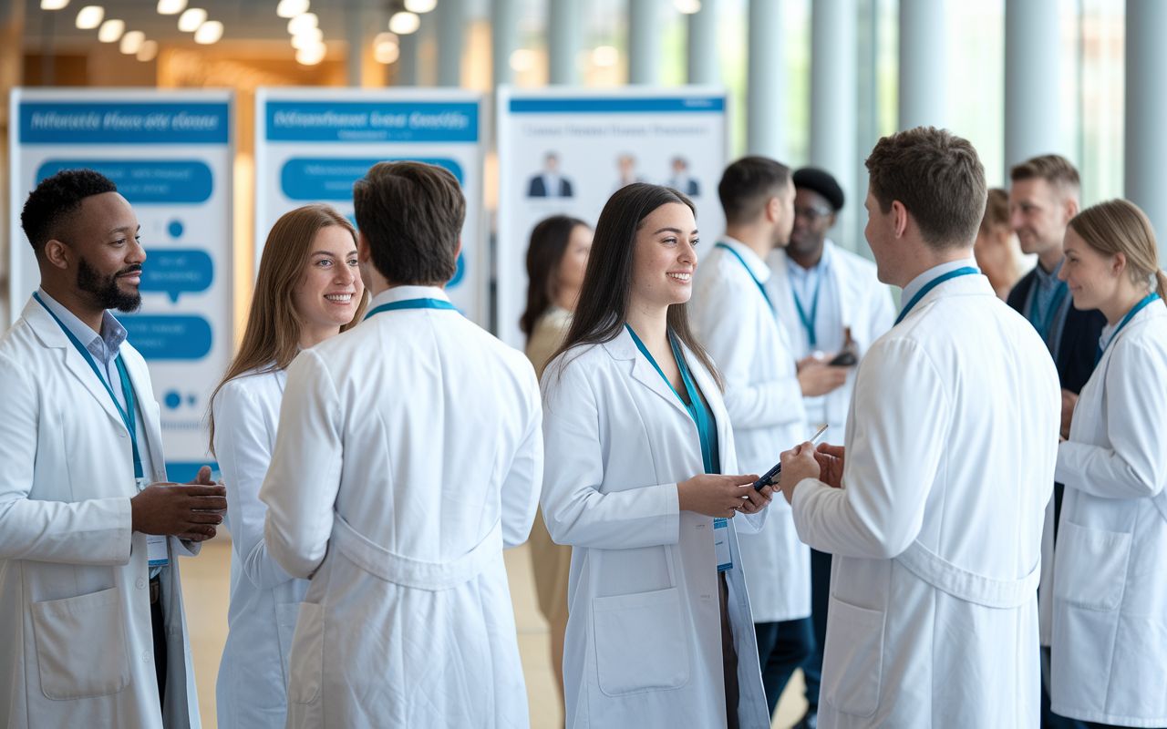 A scene of International Medical Graduates (IMGs) networking during a medical conference. IMGs of various ethnicities are engaged in conversation with experienced healthcare professionals in crisp white coats, exchanging ideas and advice. The background shows informative posters on research and clinical practices, and the environment is bright and encouraging, symbolizing the opportunities that arise from strong professional connections. A warm, inviting atmosphere enhances the sense of community.