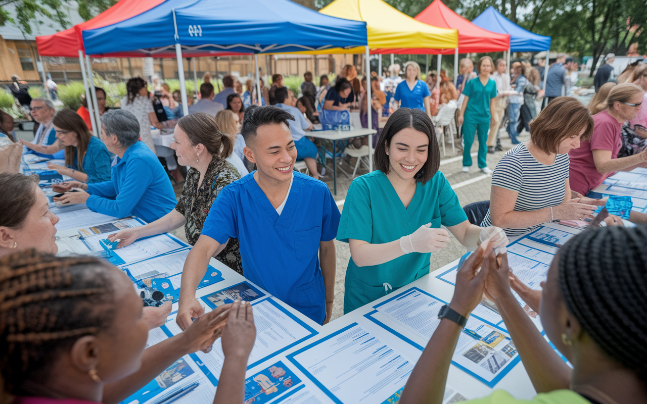 An inspiring scene of International Medical Graduates (IMGs) volunteering at a community health fair, interacting with a diverse range of patients. IMGs, wearing scrubs and smiling, are demonstrating health checks and distributing information about health services. Colorful tents provide a festive atmosphere, surrounded by a variety of health resources, contributing to informed community engagement. The scene is bright and full of energy, showcasing compassion and service.