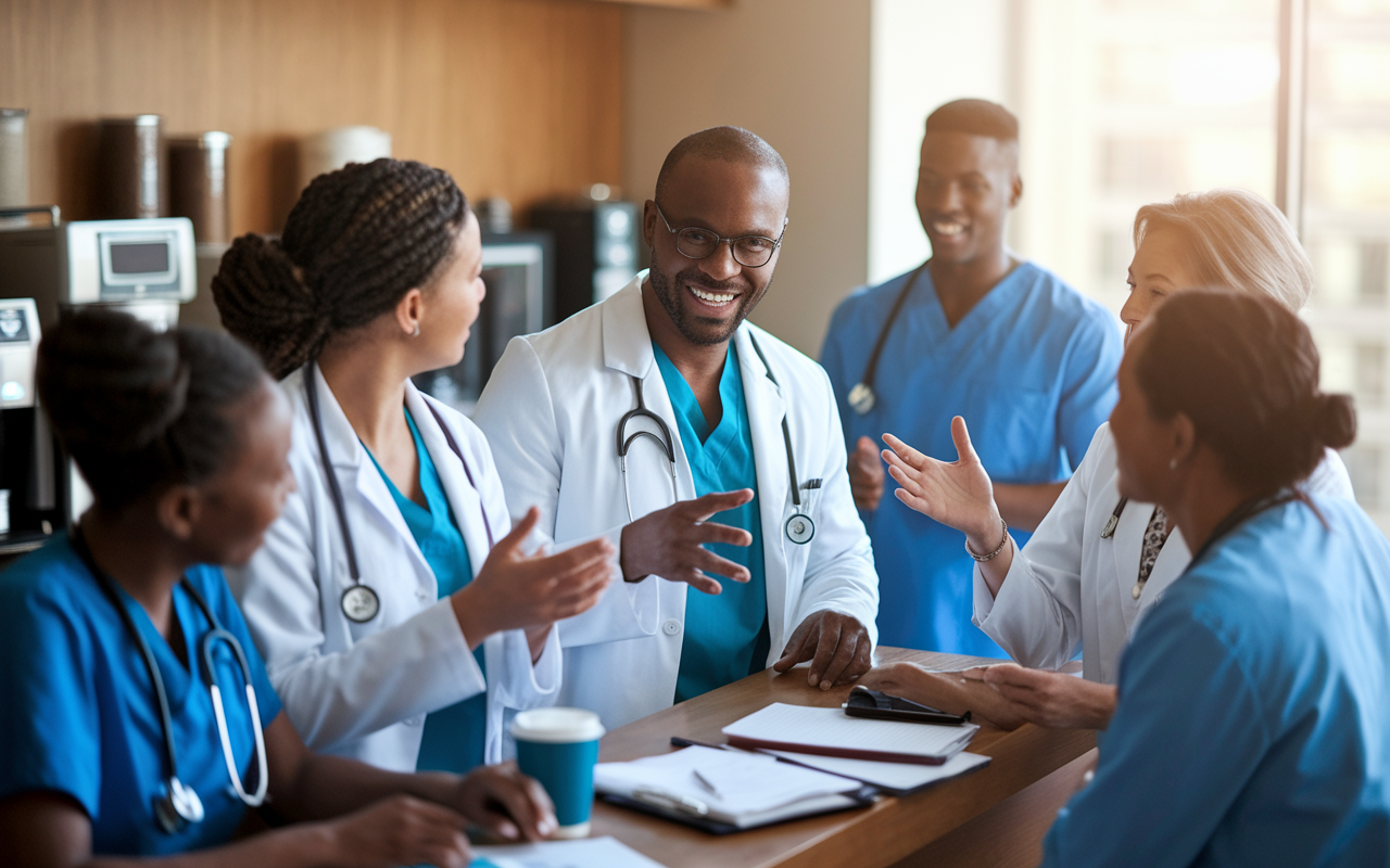 A diverse group of medical professionals in a hospital break room, engaging in a discussion. Show an IMG animatedly interacting with fellow physicians, sharing insights. The scene conveys the warmth of professional networking, with personal touches like a coffee machine and medical literature scattered around. Soft, natural lighting pours through a window, creating an inviting atmosphere.