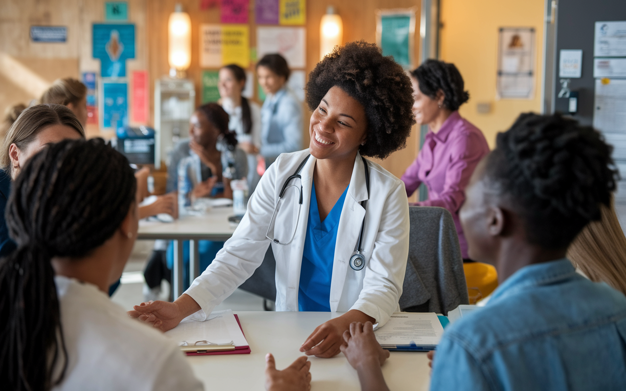 An International Medical Graduate enthusiastically volunteering at a community health clinic, interacting warmly with a diverse group of patients. The clinic is busy with various health services being provided, colorful posters on the walls, and cheerful staff members helping. Warm, inviting lighting sets the tone, highlighting the IMG's compassionate demeanor and dedication to underserved populations.