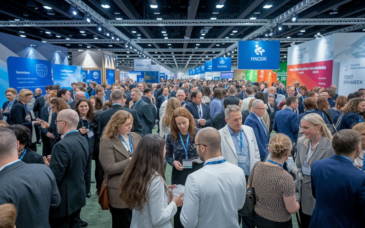 A bustling medical conference hall filled with healthcare professionals networking enthusiastically. Capture a group of IMGs attending a seminar, interacting with prominent figures in medicine. Colorful banners and various booths in the background, with bright overhead lighting showcasing the energy and interactive environment.