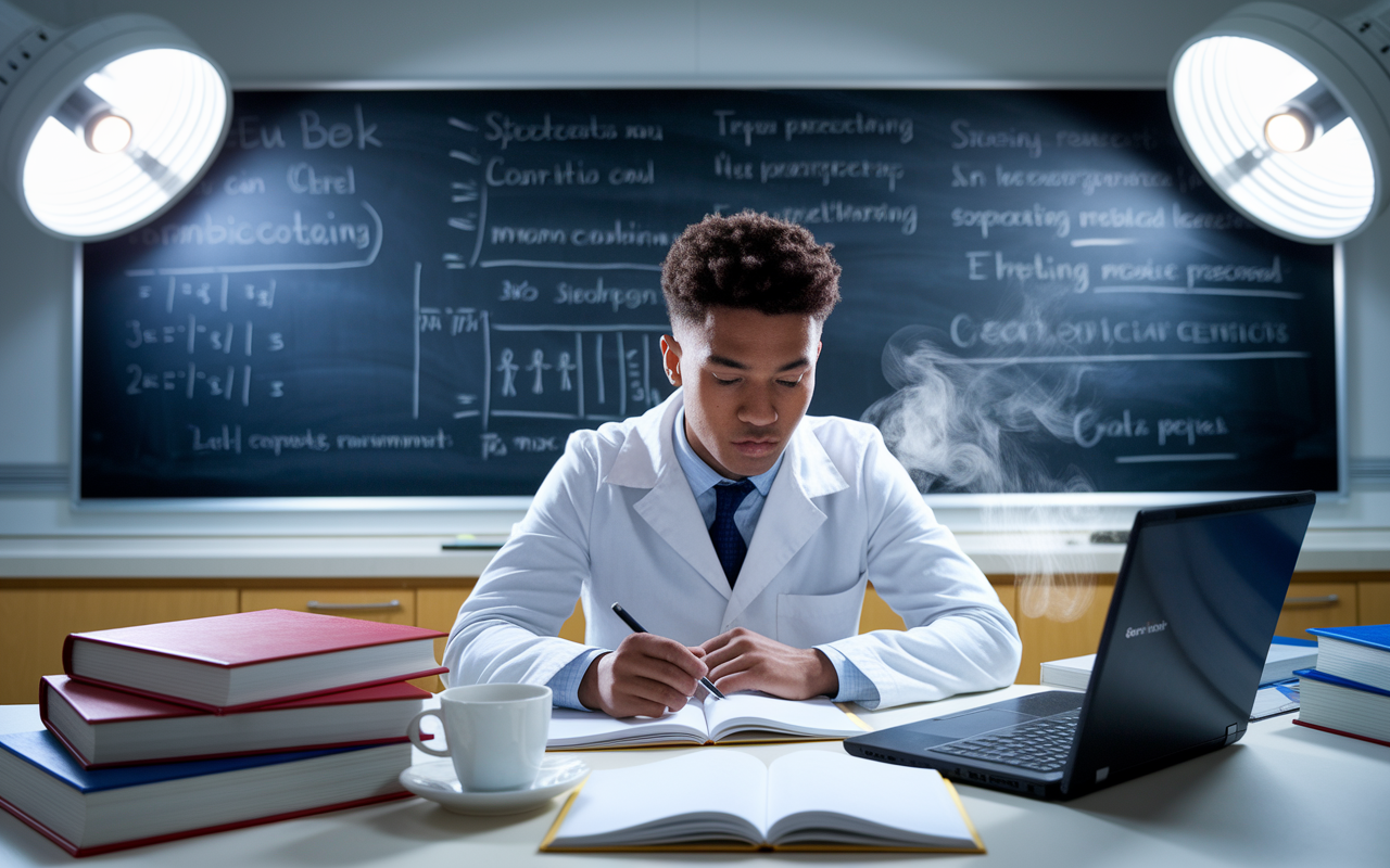 A determined international medical graduate with a focused expression, studying extensively at a desk in a laboratory setting. The desk is cluttered with medical textbooks, a laptop open to an online course, and a steaming cup of coffee. The backdrop shows a chalkboard filled with complex medical equations and diagrams. Bright overhead lighting casts a motivating glow, reflecting the hard work and dedication required to succeed in this competitive environment.