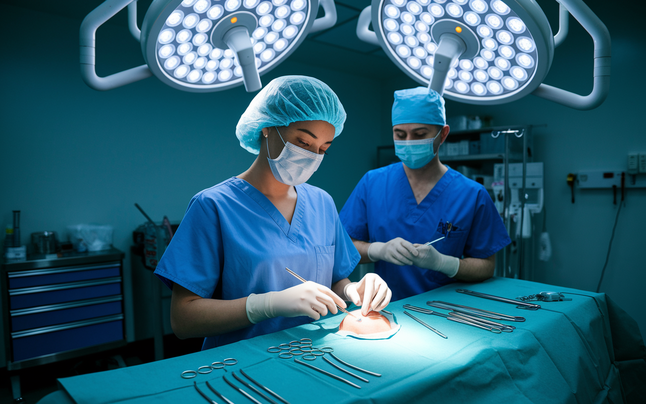 An international medical graduate confidently performing a medical procedure under the supervision of a senior doctor in a clinical setting. The IMG, wearing scrubs and looking focused, demonstrates hands-on skills while observing strict hygiene and care protocols. Bright clinical lights illuminate the surgical area, highlighting the professionalism and intensity of the situation. Tools and medical equipment are neatly arranged around them, capturing a moment of learning and readiness for independent practice.