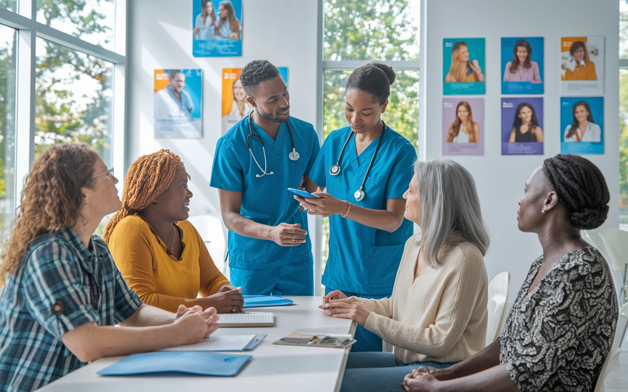 International medical graduates interacting with a diverse group of patients in a community clinic setting. The scene shows IMGs in scrubs offering consultations and checking vital signs, surrounded by multiethnic patients of various age groups. The clinic is bright and welcoming, with health posters and educational materials on the walls. Natural light streams through the windows, creating an inviting atmosphere that emphasizes empathy and understanding in patient care.