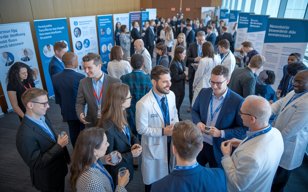 A group of international medical graduates engaged in a networking event in a hospital's conference room. They are mingling, exchanging ideas, and discussing experiences with seasoned physicians. The room is filled with medical posters and banners, showcasing various healthcare initiatives. The atmosphere is warm and collaborative, with attendees smiling and showing enthusiasm, symbolizing the importance of mentorship and professional connections.