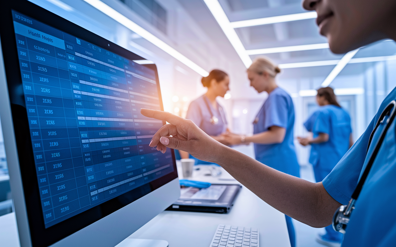 A close-up scene of an IMG interacting with a digital Electronic Health Record (EHR) system on a computer screen in a modern clinic. The background shows a busy nurse station and healthcare staff collaborating in a vibrant medical environment. Warm, bright lighting emphasizes the focus of the IMG on the screen as they learn to navigate the complex system, reflecting their determination to adapt to US medical practices.