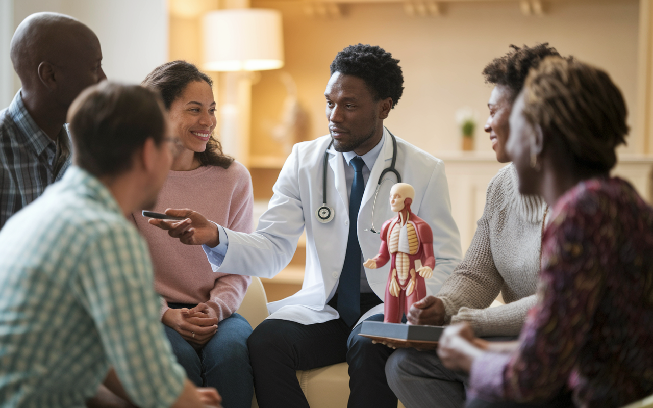 An IMG discussing treatment options with a diverse group of patients in a warm, welcoming consultation room. The IMG is pointing to an anatomical model while explaining medical information clearly. The patients, of various ethnic backgrounds, are engaged and attentive, showcasing the IMG's ability to connect empathetically and culturally with them. Soft lighting creates an inviting atmosphere that emphasizes the importance of communication in healthcare.