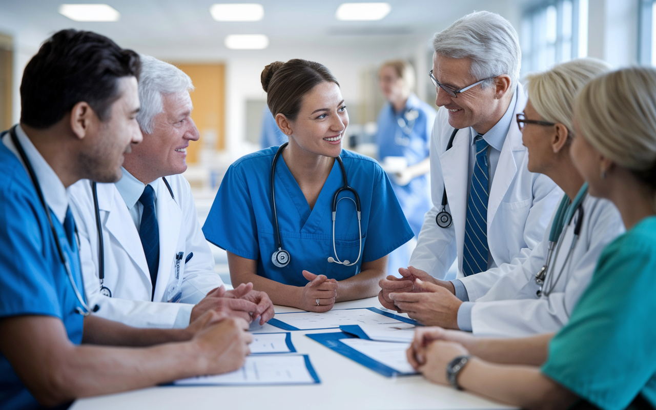 A group of healthcare professionals, including an IMG, gathered around a table for a collaborative discussion during a busy hospital shift. The IMG is actively engaging with senior doctors and nurses, sharing ideas and experiences. The setting is bright and dynamic, with medical charts and tools visible, emphasizing teamwork and mentorship in the healthcare profession.