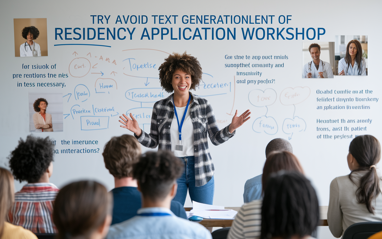 An IMG enthusiastically presenting their experience at a residency application workshop. They are standing in front of a whiteboard filled with notes and diagrams, addressing an audience of fellow IMGs. The energetic atmosphere highlights the importance of commitment and proactivity in the residency application process, with visuals of successful moments and patient interactions in the background.