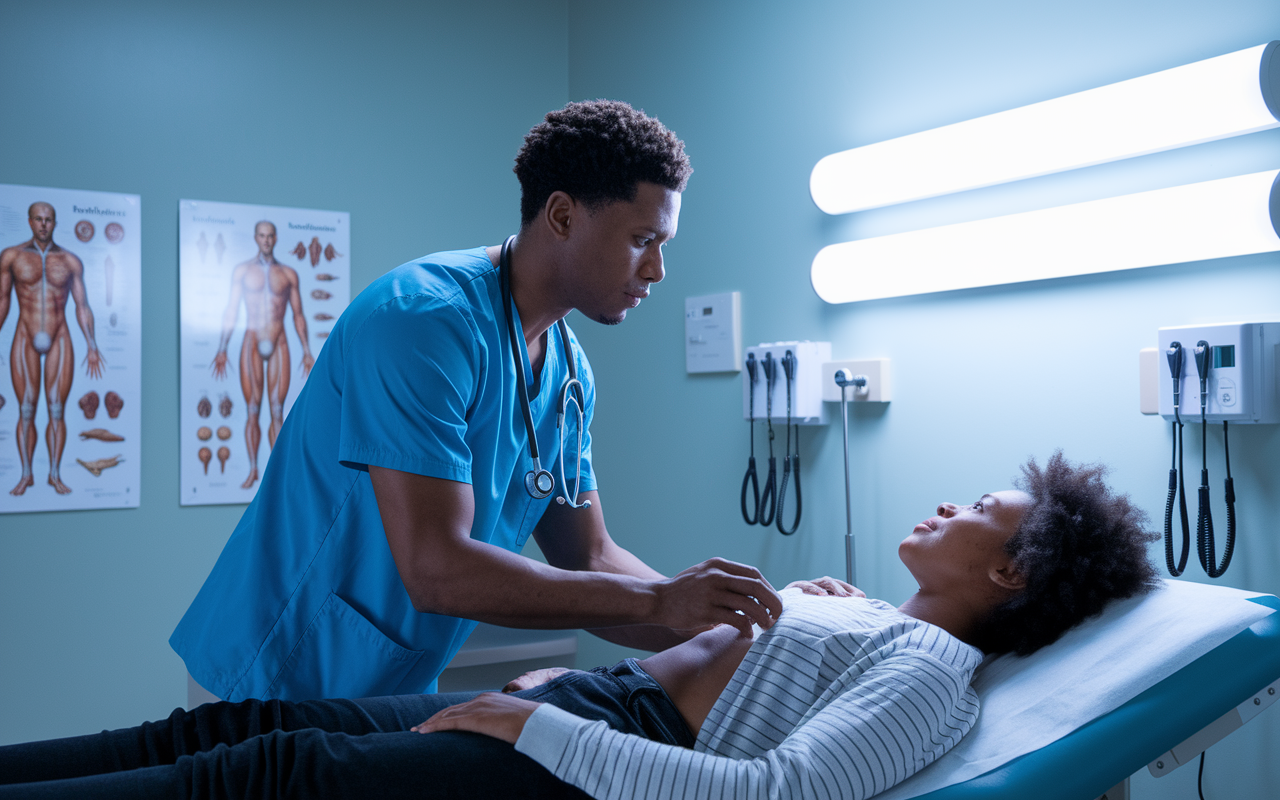 An IMG performing a physical examination on a patient in a well-lit examination room. The IMG is focused and compassionate, demonstrating clinical skills while the patient appears relaxed and trusting. Medical tools and anatomical charts are present in the background, with bright fluorescent lighting enhancing the realism of the clinical encounter.