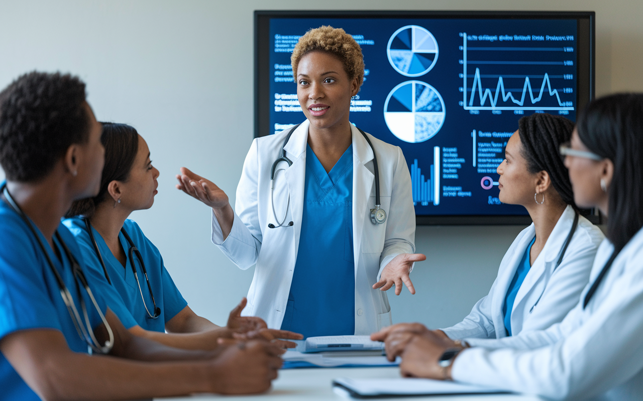 An IMG confidently engaging with a complex patient case during a team meeting in a hospital setting. They are presenting their findings to a diverse group of medical professionals, who are attentively listening. Enhanced lighting highlights the IMG's expression of assurance and readiness, with charts and graphs on the screen illustrating the case in discussion.