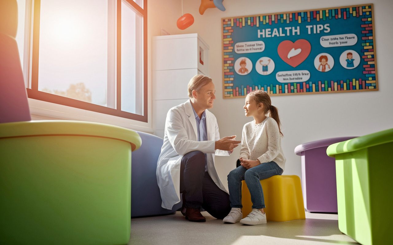 An IMG discussing treatment plans with a young patient in a family medicine clinic, surrounded by colorful, child-friendly decorations. The IMG is kneeling beside the young patient, showing empathy and understanding. Overhead, a bulletin board displays health tips, creating an inviting environment for family-focused healthcare, with warm sunlight filtering through the window.