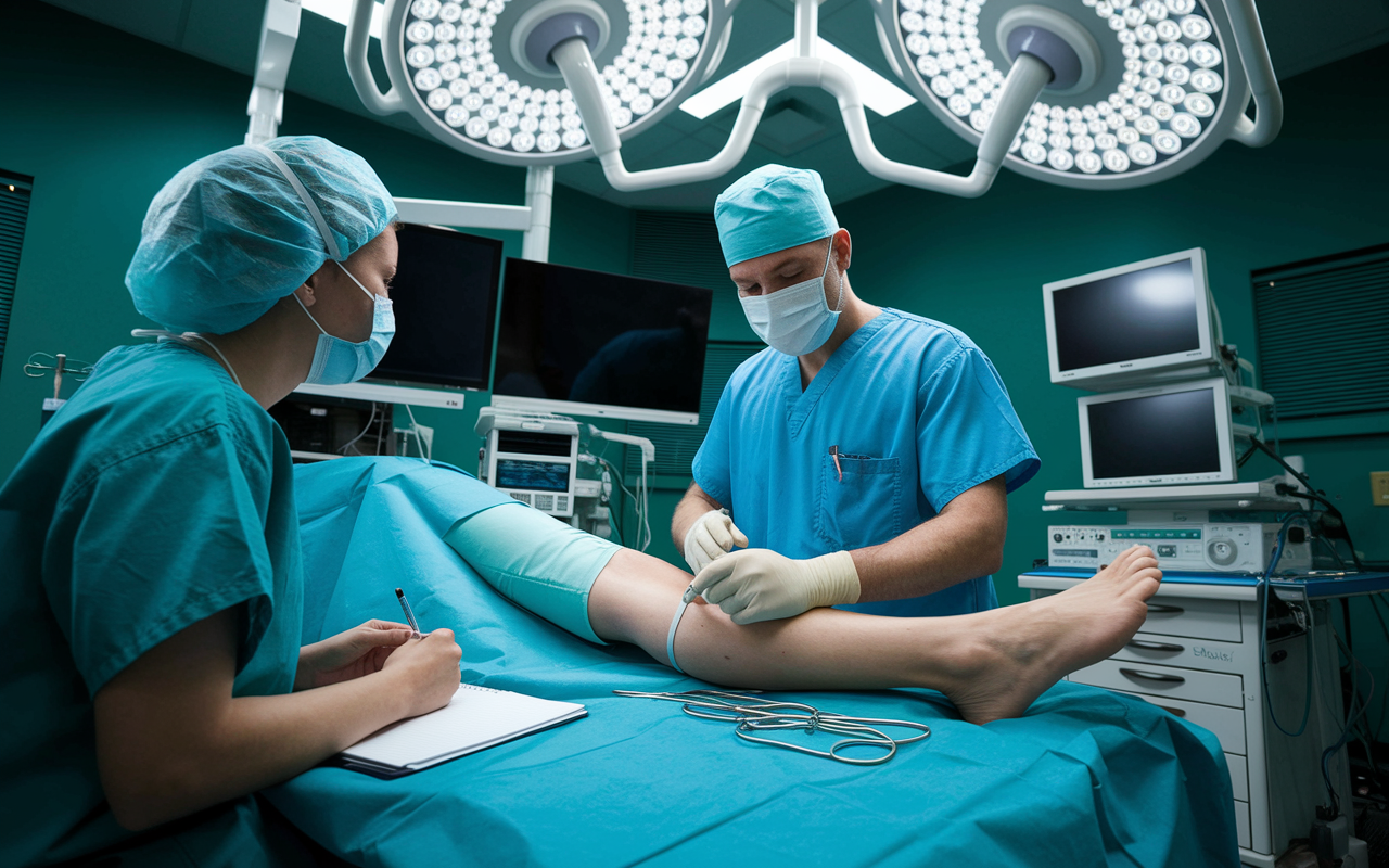 An IMG attentively observing an orthopedic surgeon performing a knee examination in a vibrant surgical room. The surgeon is demonstrating techniques to the IMG, who takes notes and asks questions. The atmosphere is filled with professionalism and learning, with surgical tools and monitors in the background enhancing the educational experience.