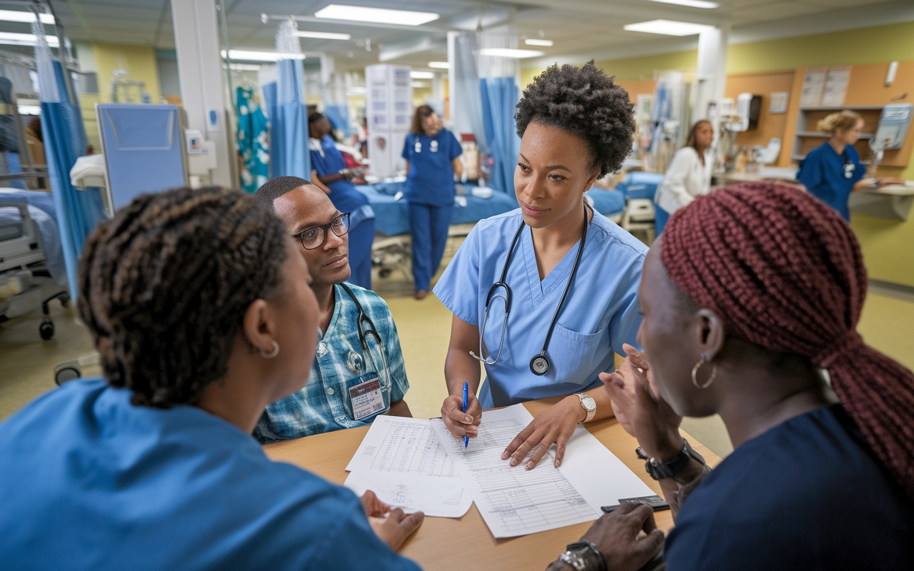 An IMG engaged with patients in a busy hospital ward, interacting with a patient’s family, and discussing healthcare options. The scene showcases medical charts, a caring nurse providing support, and a backdrop of hospital facilities made vibrant by natural and overhead lighting. The image reflects real-world patient care and the importance of communication amidst the clinical environment.