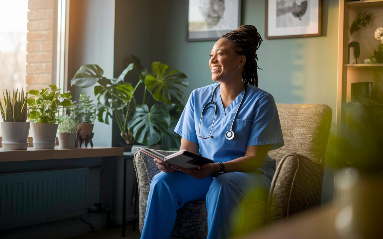 An IMG reflecting on their rewarding journey in patient care while sitting in a peaceful break room filled with plants and personal mementos. The warm light casts a soft glow, and expressions of joy on their face illustrate the fulfillment derived from meaningful patient interactions.