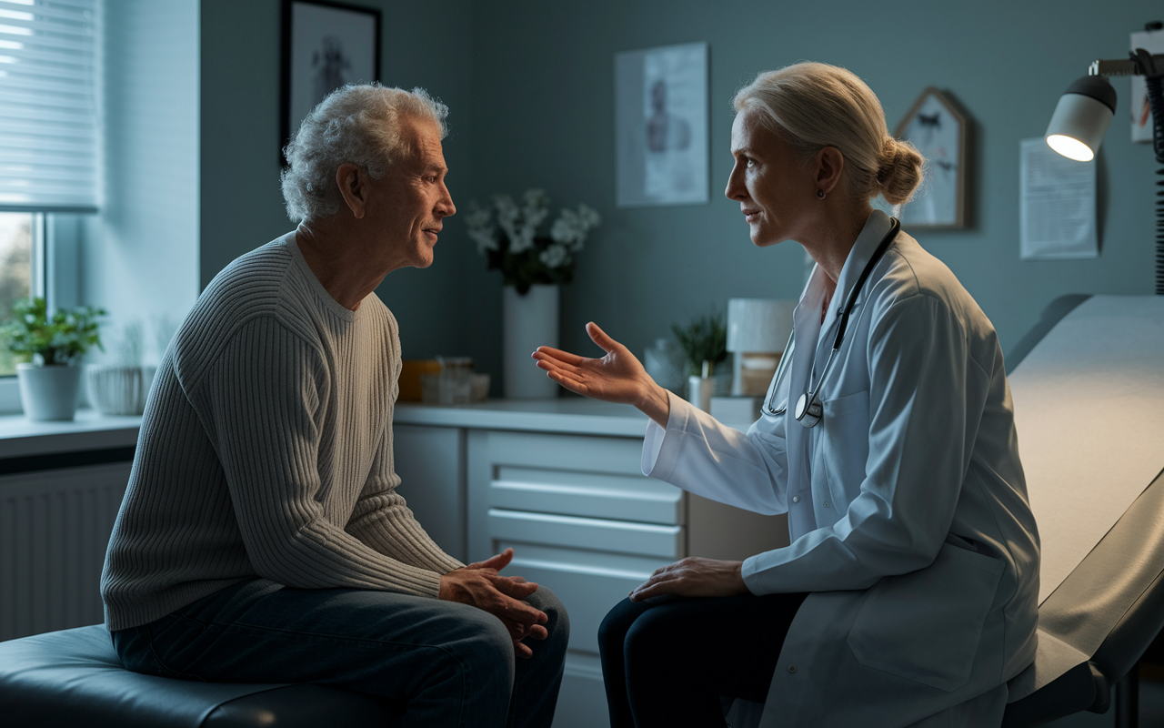 A serene, intimate consultation between an IMG and a patient with chronic illness in a softly lit examination room. The IMG is actively listening with empathy, offering support while the patient shares their emotional struggles. The ambiance is soothing, with gentle lighting and elements of care and compassion, emphasizing the importance of emotional support in healthcare.