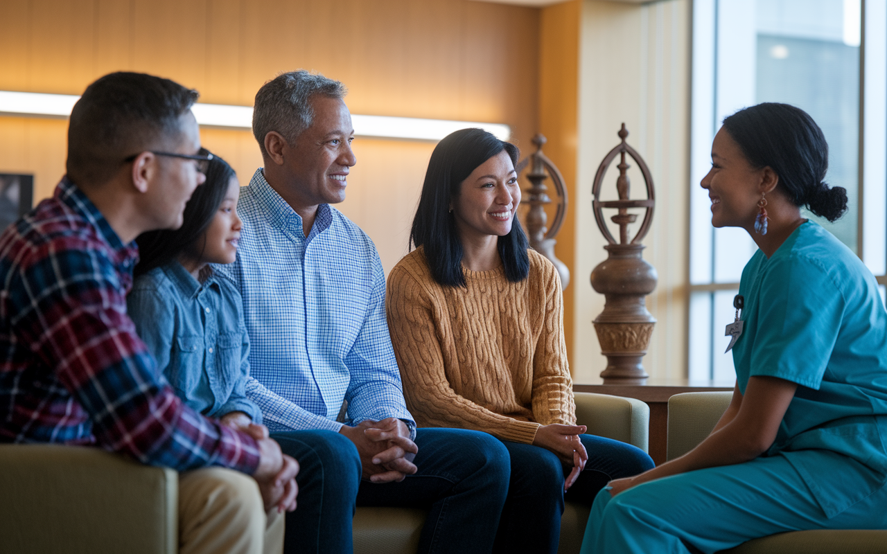 An IMG conversing with a family from a different cultural background in a well-lit hospital room, discussing health decisions. The IMG is embracing cultural sensitivity, with visual cues like family gathered around and traditional artifacts, symbolizing respect and understanding. The setting emphasizes collaboration in decision-making, showcasing the essence of patient-centered care.