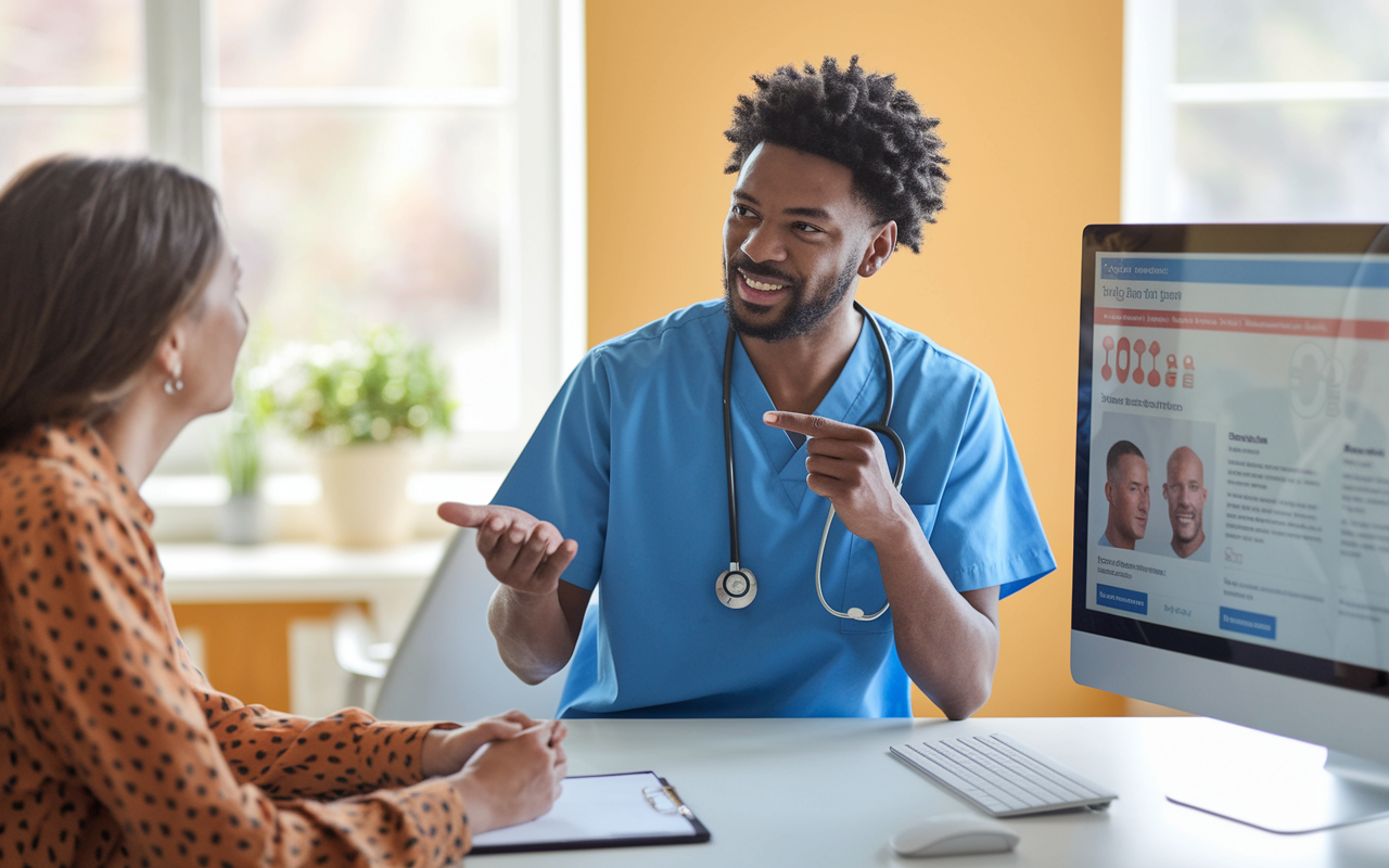 An IMG in a bright office setting having an honest conversation with a patient about treatment options. The IMG is pointing to a digital screen displaying information, embodying an open and transparent approach. Warm colors and a nurturing atmosphere promote a sense of trust and reassurance between provider and patient.