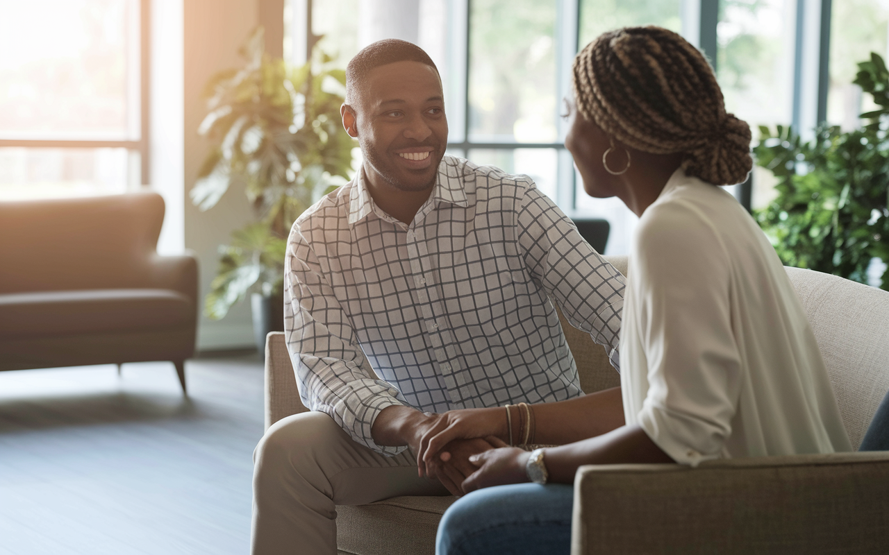 An IMG sharing relatable personal experiences with a patient in a welcoming clinic setting, creating a bond of understanding. The warm lighting highlights the trust and comfort in their interaction, with the background showing a comfortable waiting area, symbolizing a nurturing healthcare environment.