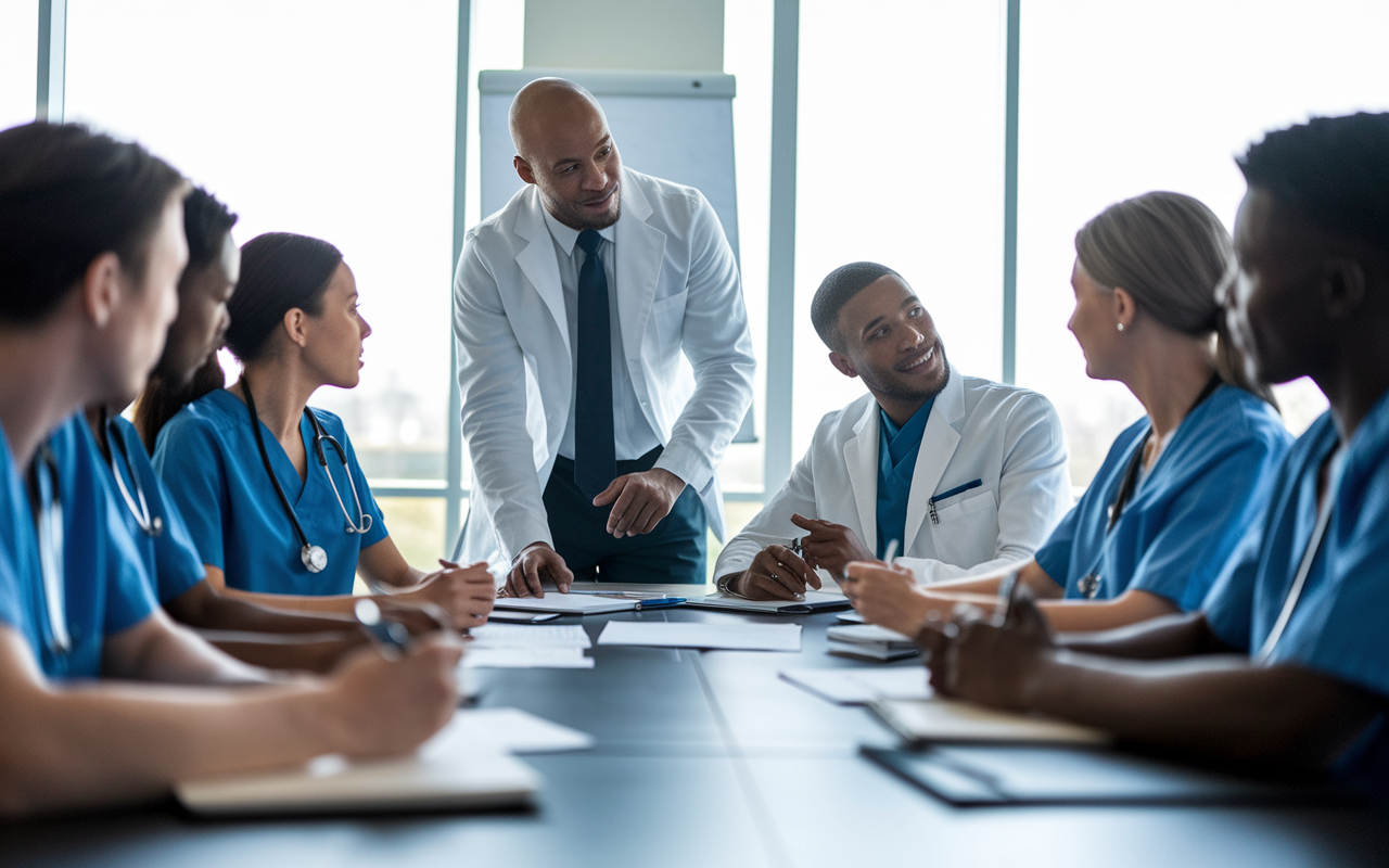 An IMG attending a collaborative workshop with peers and mentors in a bright conference room, engaging in discussions about patient care. The scene shows active participation, notes being taken, and a supportive environment, emphasizing continuous education and improvement in healthcare.