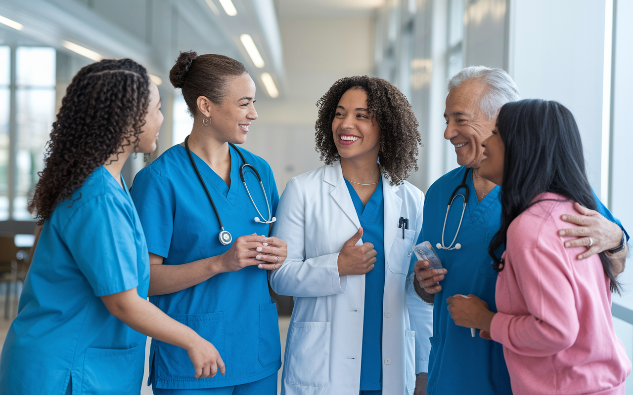 A cheerful reunion scene between IMGs and several patients they've treated, showcasing improved health outcomes. The joyous atmosphere conveys the emotional bond established over time, with vibrant colors illustrating success stories and mutual respect in patient-provider relationships.