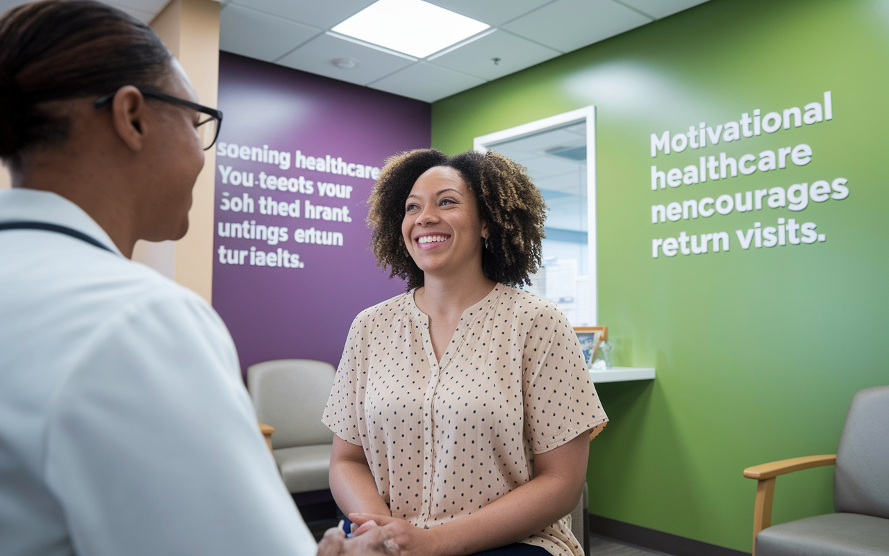 An IMG seeing a familiar patient for a follow-up visit in a bright and welcoming clinic. The patient appears relaxed and happy, indicating strong rapport. The background features motivational healthcare quotes on the walls, symbolizing the nurturing environment that encourages return visits.