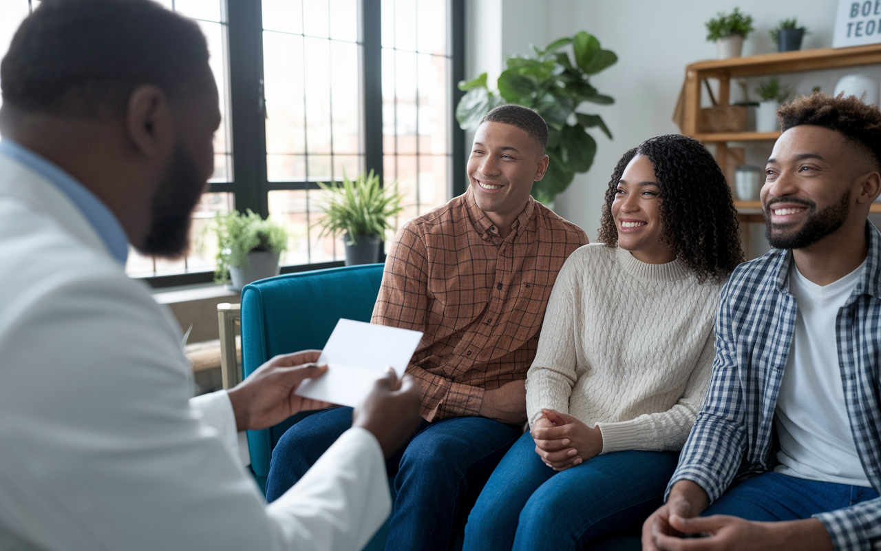 An IMG receiving a thank you card from a satisfied patient in a homey office environment, accompanied by family looking appreciative. Elements of warmth and gratitude are present, highlighting the power of positive patient experiences that lead to referrals.