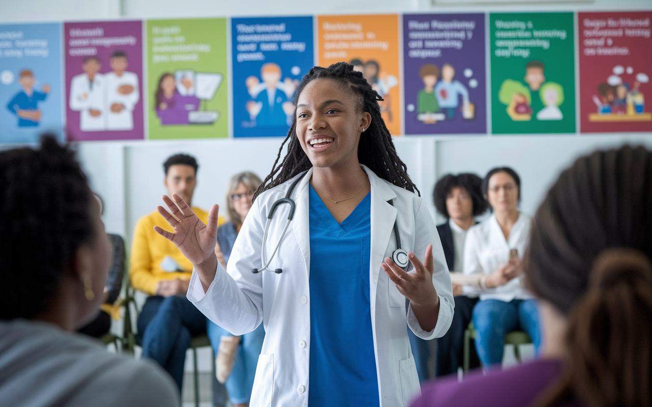 A dynamic scene showing a pre-med student leading a health awareness campaign in a local community center, speaking passionately to an engaged audience. Colorful posters and informational materials are displayed around the room, depicting various health topics, embodying leadership and initiative.