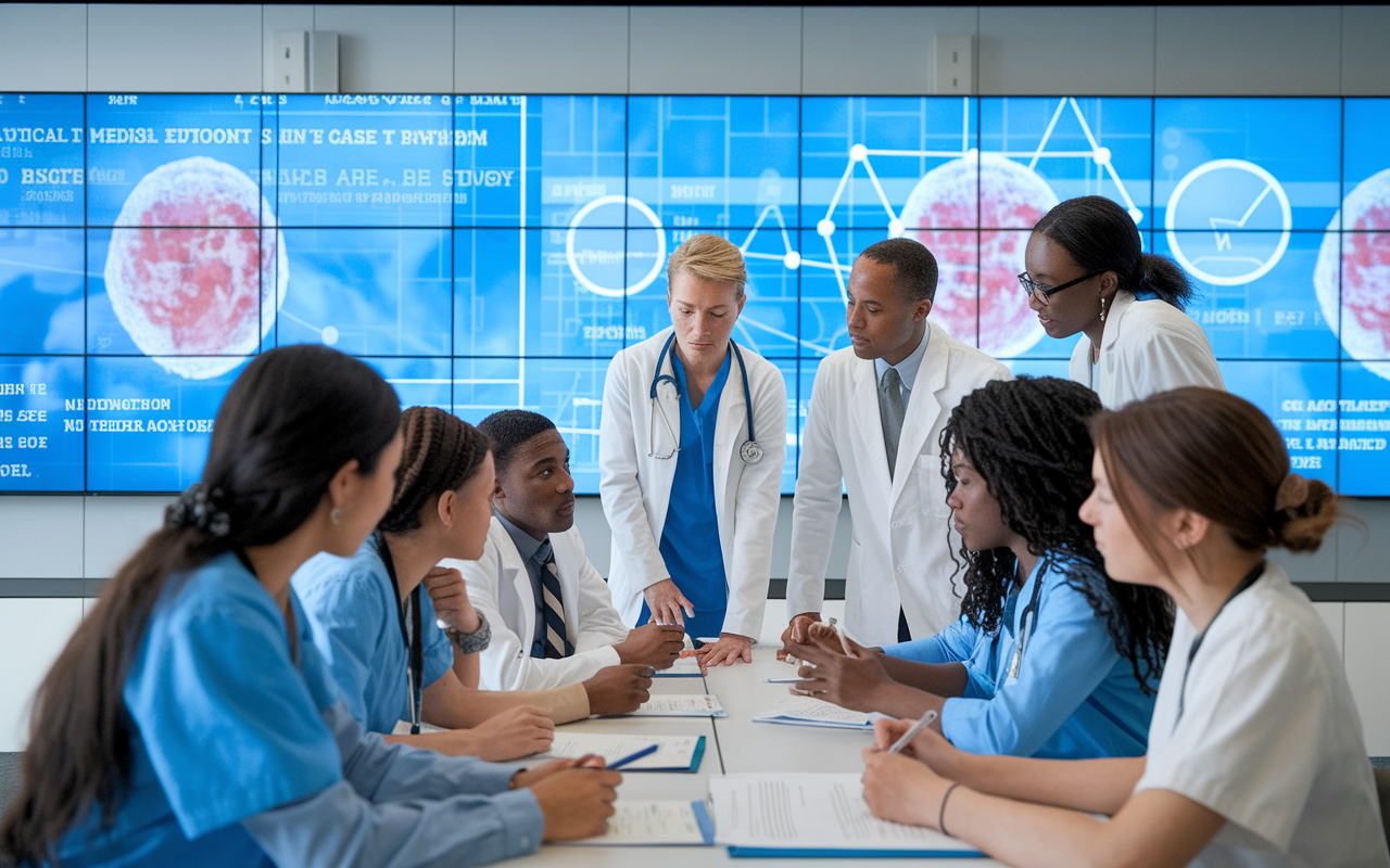 An intense scene in a modern medical classroom where students are analyzing a complex medical case study. A large digital screen displays the case information, while a diverse group of students gathers around a table, engaged in animated discussion. The setting is bright and tech-savvy, showcasing the application of critical thinking in medical education.