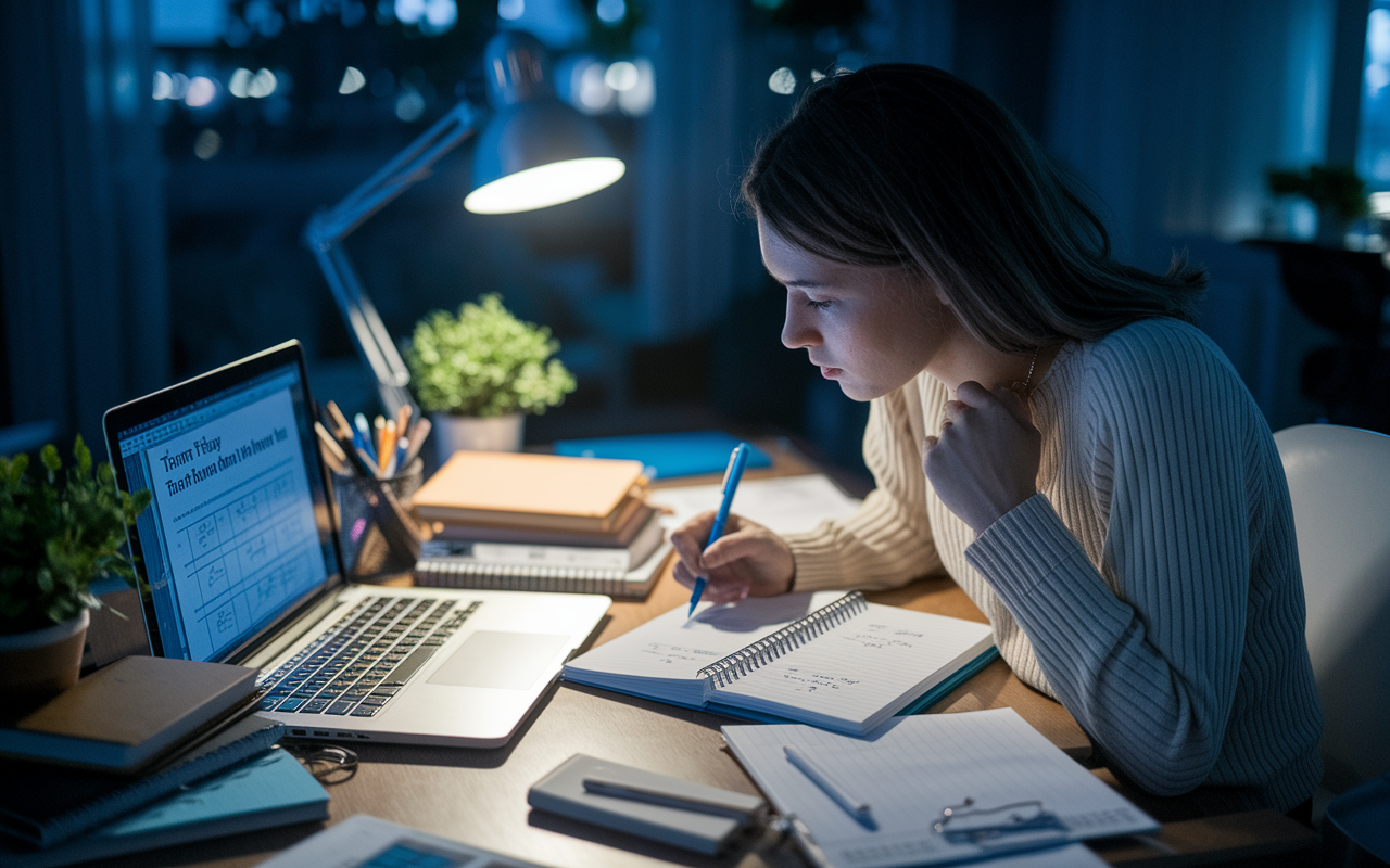 A focused pre-med student at a cluttered desk late at night, working diligently with a planner open and time management tools visible. The room is softly lit with a desk lamp, creating a cozy study ambiance. A laptop displays notes on time management techniques, capturing the essence of diligence and organization in a student’s life.