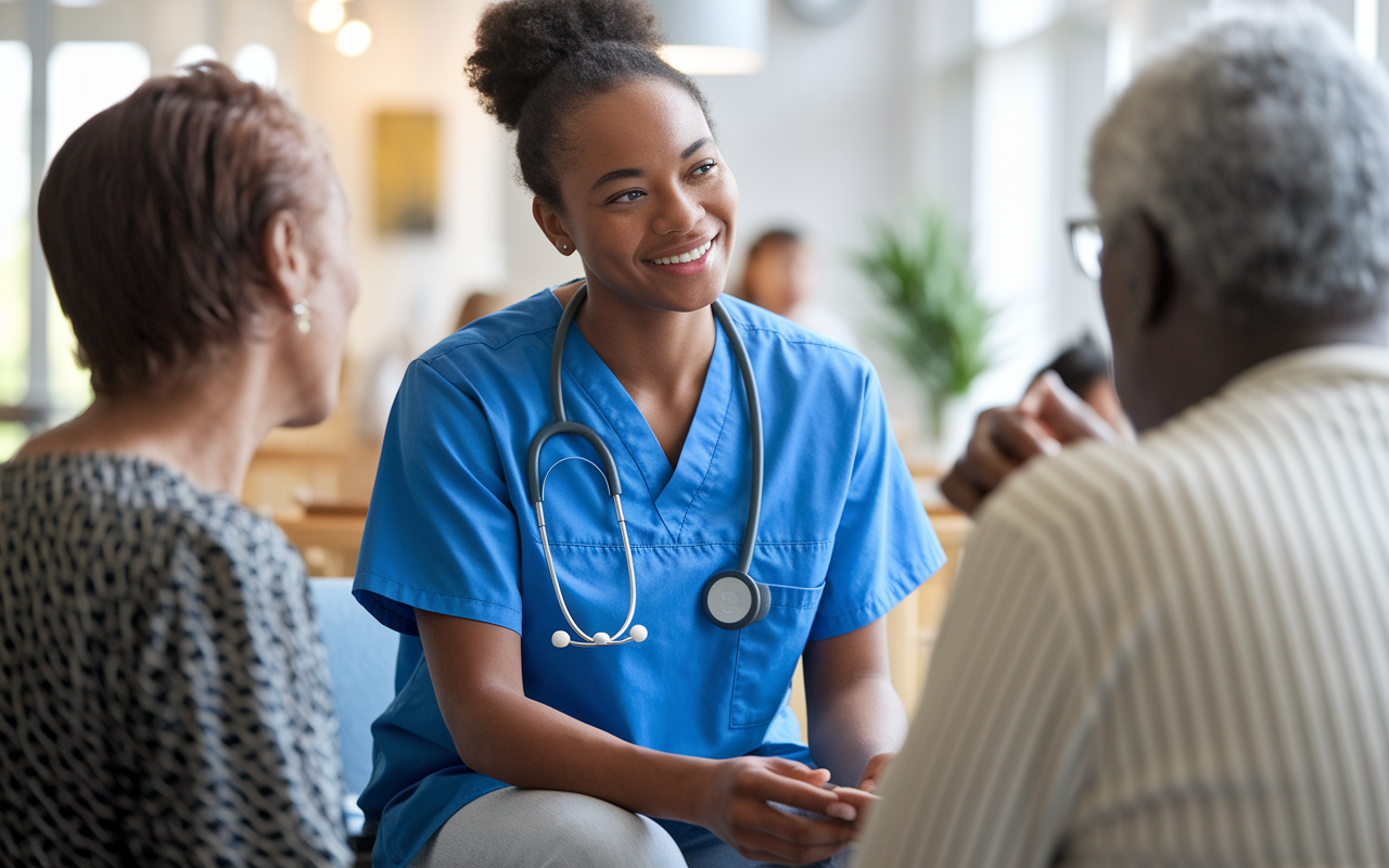 A compassionate pre-med student engaging with patients in a friendly community healthcare setting. The student is actively listening and interacting with a diverse patient population, exemplifying empathy and effective communication. The environment is bright and warm, fostering a sense of community and care.