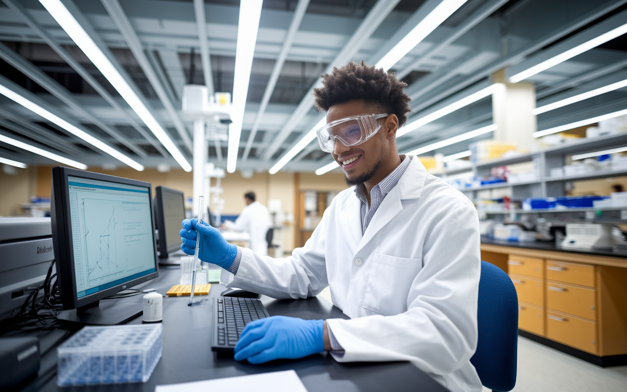 An enthusiastic pre-med student in a state-of-the-art research lab, wearing a lab coat and safety goggles, conducting an experiment. The lab is filled with advanced equipment and scientific materials, with bright fluorescent lights illuminating the space. The student is analyzing results on a computer, showcasing dedication to scientific inquiry.