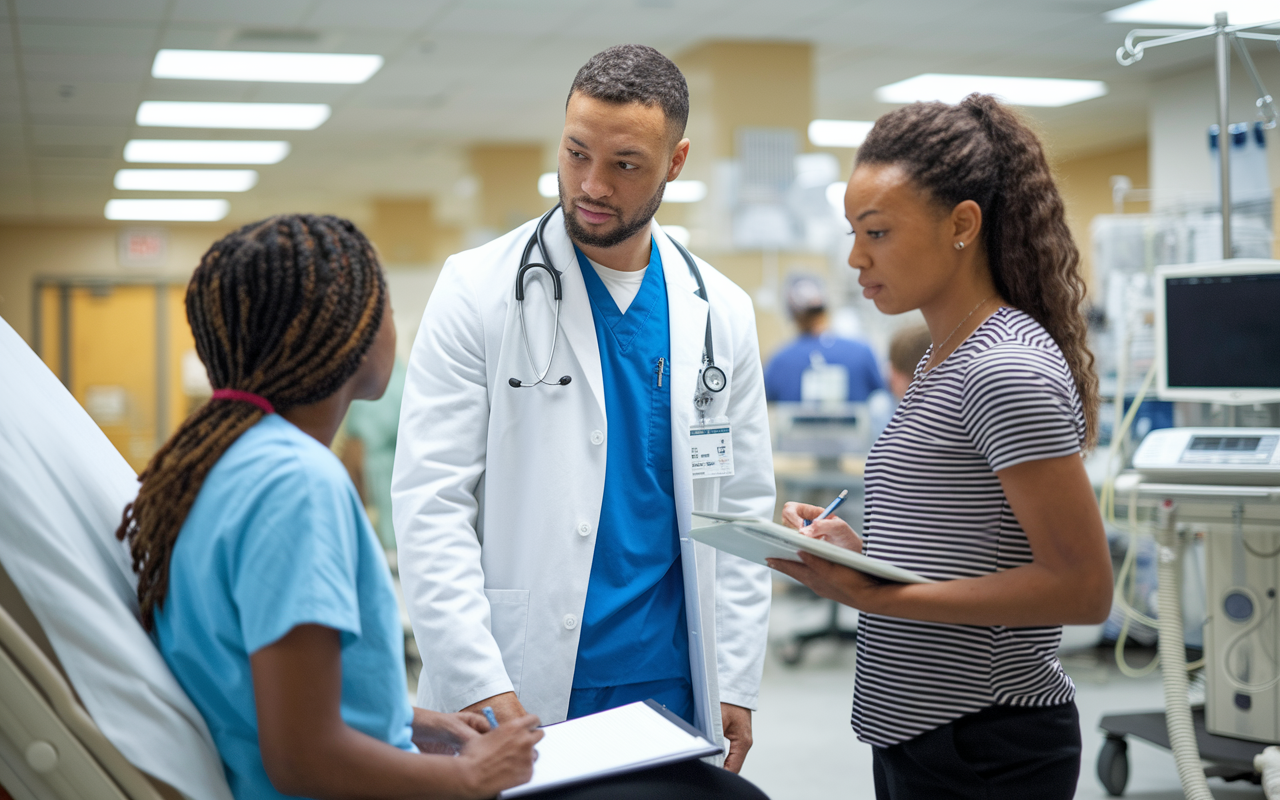 A young pre-med student shadowing a physician in a bustling hospital environment, observing a patient examination. The doctor is engaging with the patient while the student takes notes attentively. The clinical setting is vibrant and filled with medical equipment, embodying the dynamic nature of healthcare.