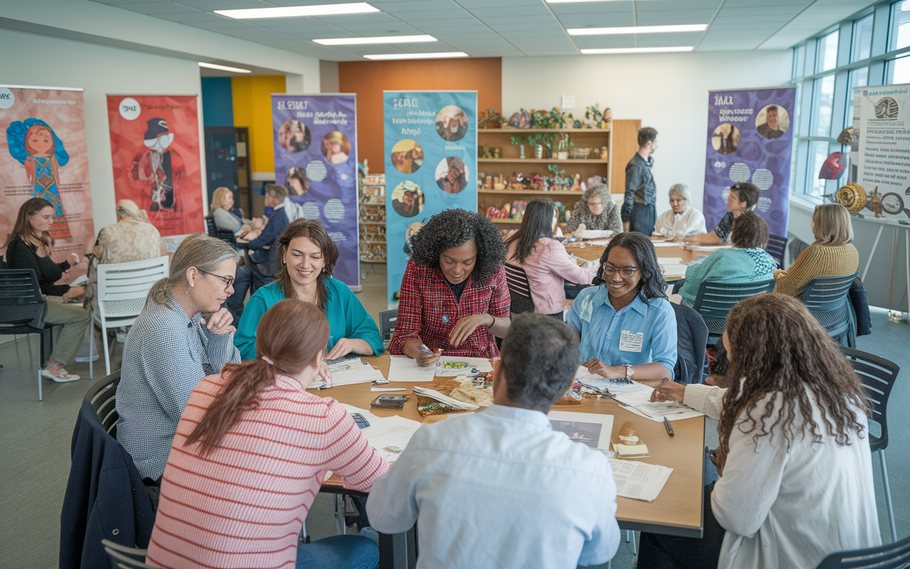 A vibrant workshop in a community center focused on cultural competence in healthcare, with diverse participants actively engaging in discussions and activities. Visuals showcase cultural artifacts and informational posters around the room, emphasizing inclusivity and awareness in medical practice.