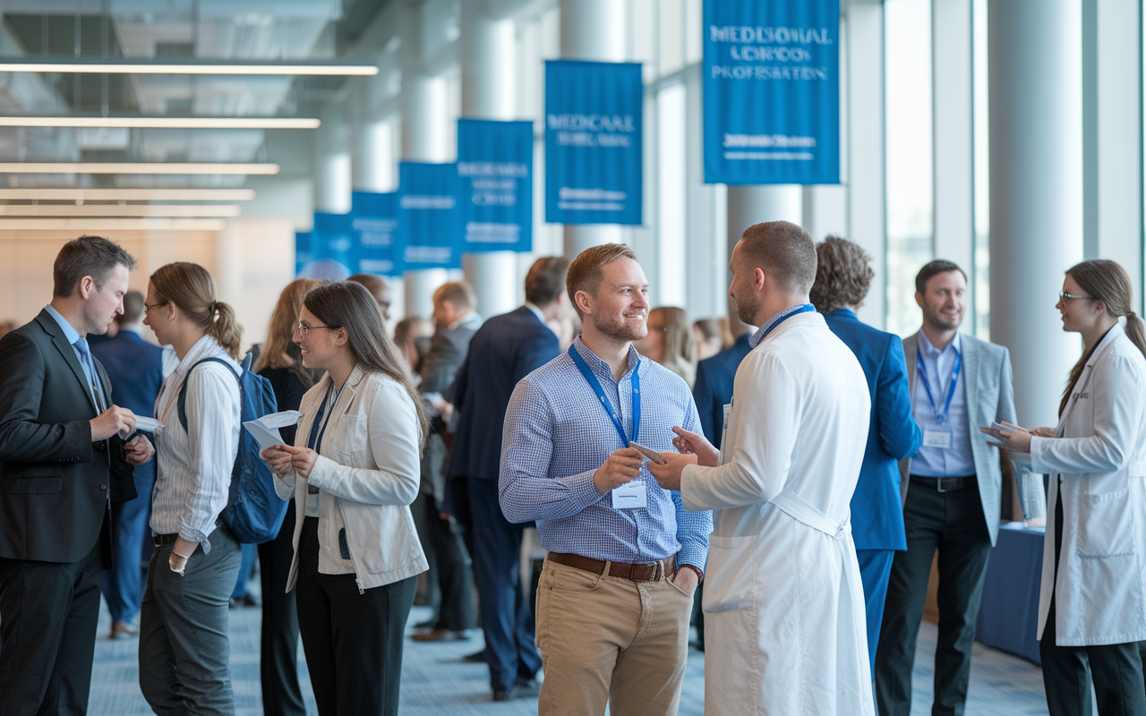 An engaging networking event where pre-med students are interacting with healthcare professionals in a bright conference hall. Banners display medical organizations, and students are exchanging business cards and conversations, showcasing enthusiasm for building professional relationships in medicine.