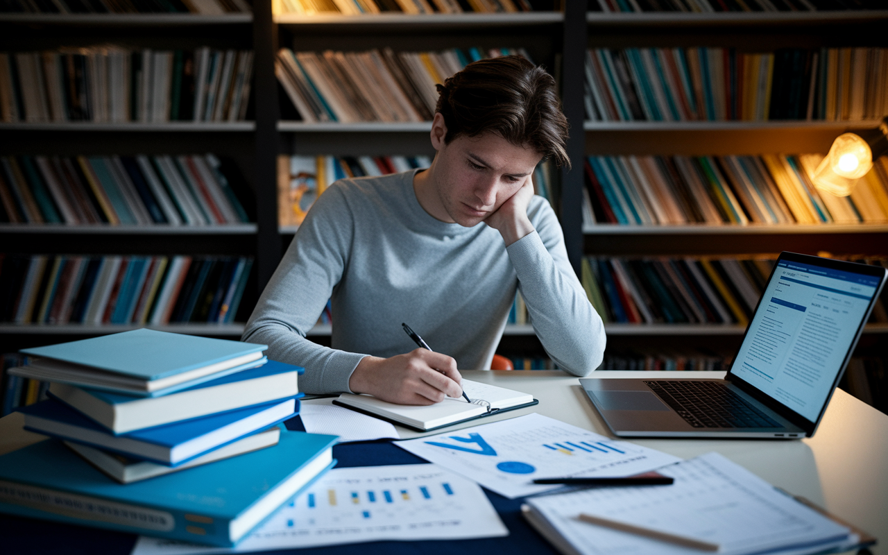 A determined student in a study room filled with textbooks and medical charts, highlighting internal struggle and dedication. The student is writing notes at a desk, with a laptop open beside them showing an MCAT preparation site. The room is illuminated by warm, focused lighting, creating a cozy yet intense study environment.