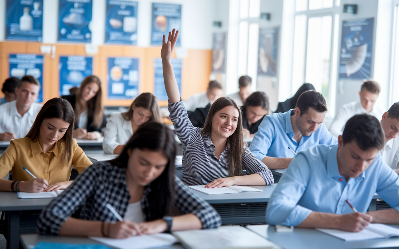 A classroom filled with engaged students taking a science exam, with focus on a female student raising her hand to ask a question. The teacher, a friendly-looking professor, is at the front of the room, surrounded by science posters. The light filters through large windows, creating an inspiring academic atmosphere.