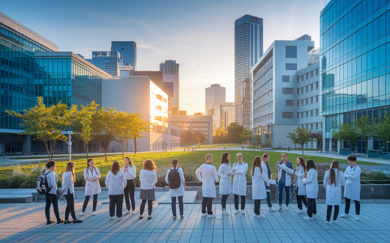 A vibrant urban scene featuring a medical campus where students gather in discussion. Skyscrapers and medical facilities surround the area, showcasing the blend of education and healthcare. The setting sun casts a warm glow over the students, symbolizing the bright futures they aspire to as doctors.