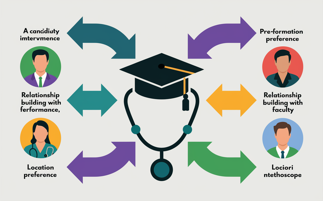 A creative infographic-style image illustrating the dynamics of pre-match offers in residency applications. The image includes visual elements such as arrows pointing from a candidate’s strong interview performance, relationship building with faculty, and location preference towards a central illustration of a graduation cap and stethoscope. This visually represents the concept of pre-match offers in a simplified, colorful manner.