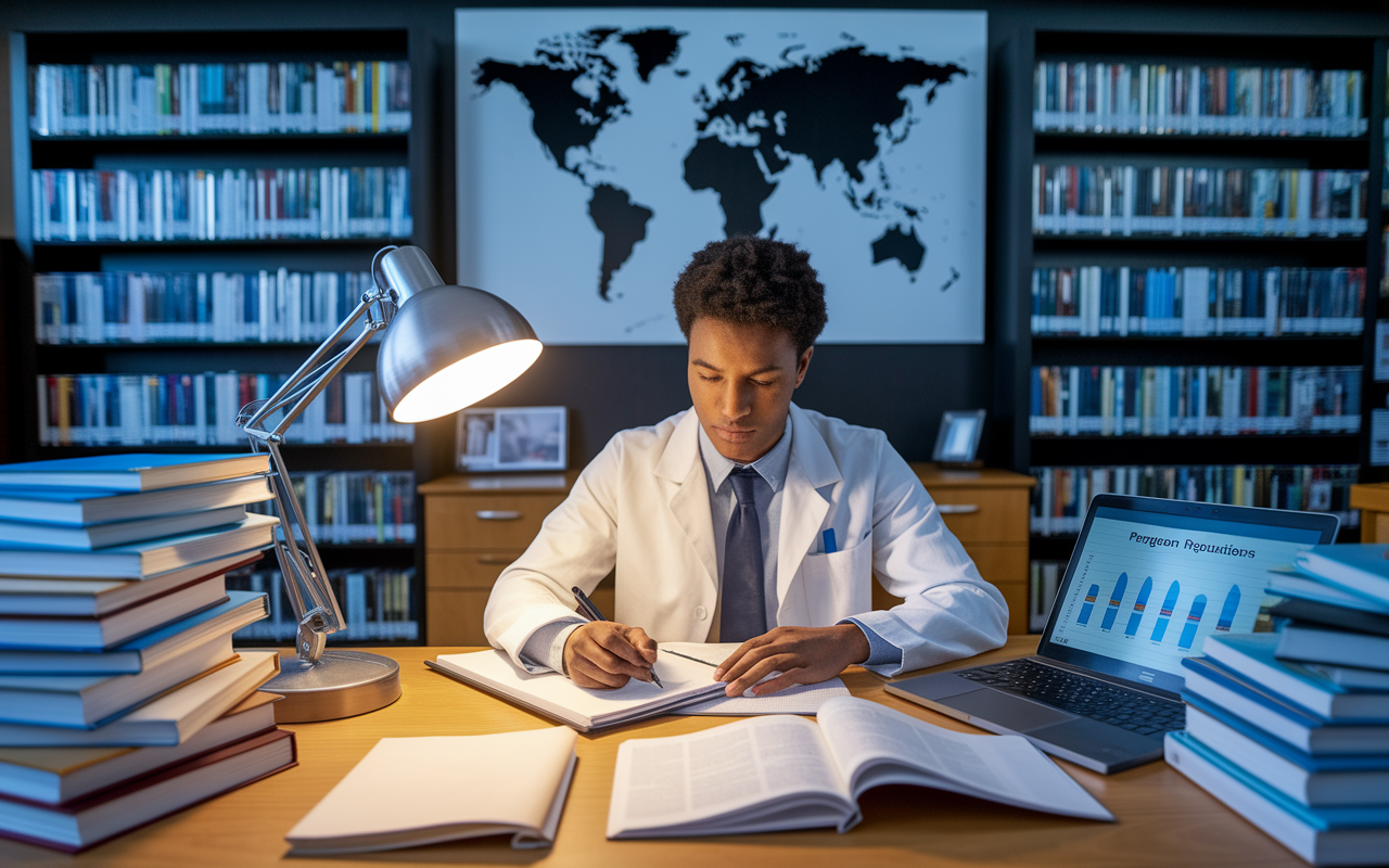 A medical student in a library, surrounded by stacks of medical journals and books, intensely researching residency programs. The room is well-lit with a desk lamp casting a warm glow, illuminating detailed notes and a laptop displaying a chart on program reputations. A large world map with pins marking different residency locations hangs on the wall, symbolizing the global nature of medical training.