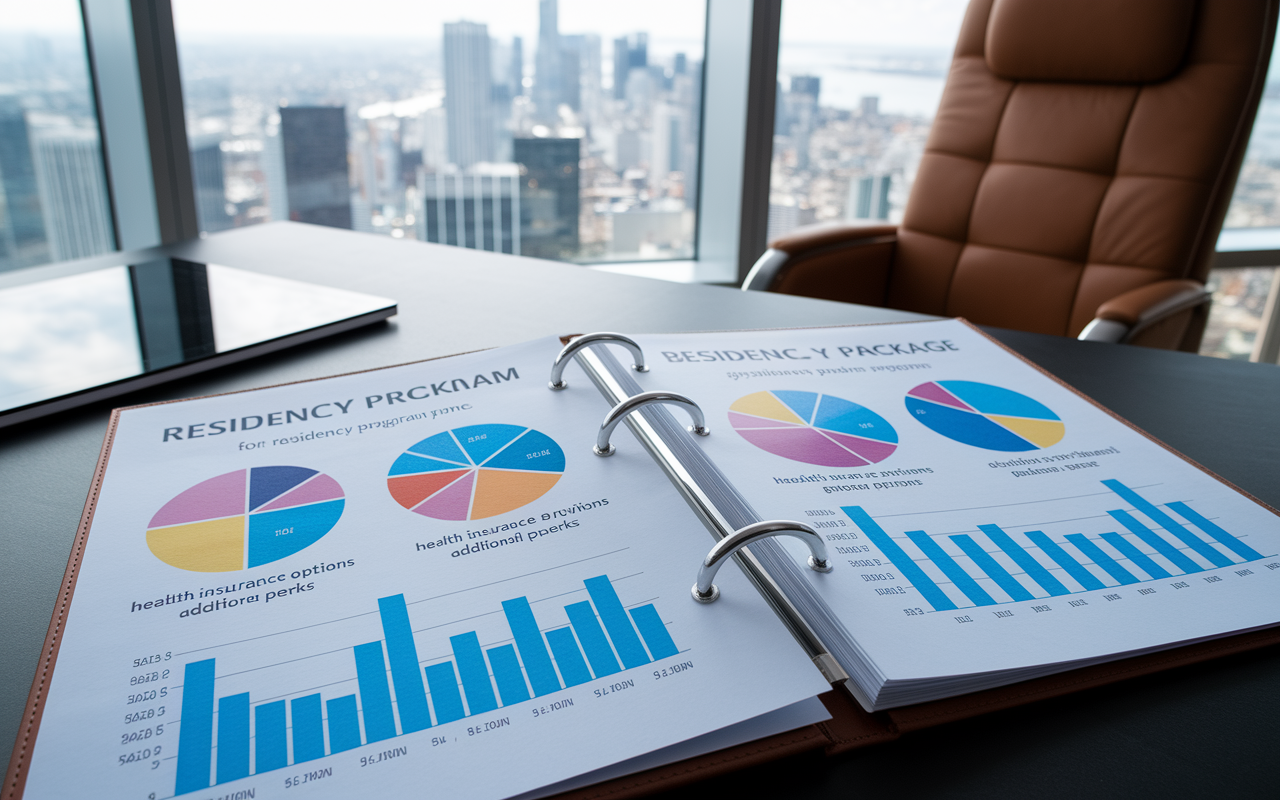 An open folder on a desk displaying a detailed benefits package for a residency program, featuring colorful graphs and comparison charts showing salary, health insurance options, and additional perks. The setting is an upscale office with a view of a cityscape through the window, symbolizing the professional environment of medical training.