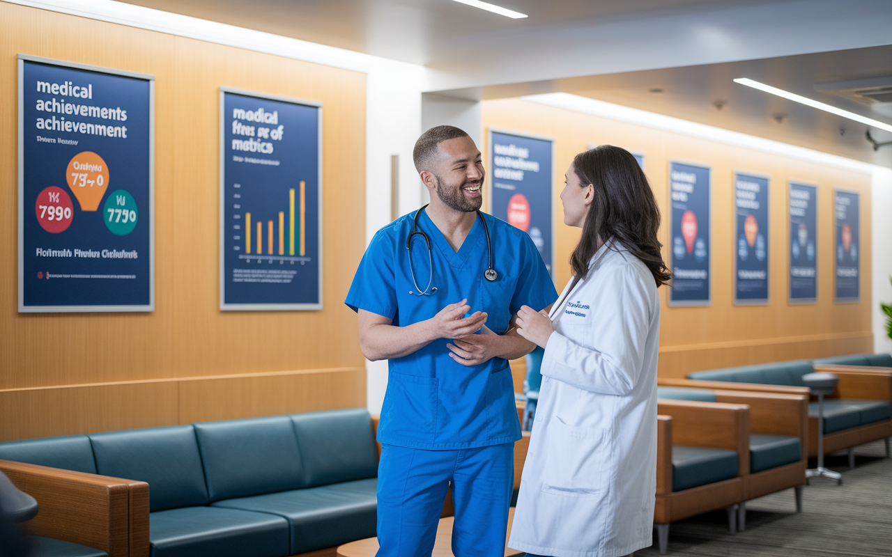 A medical resident engaged in a vibrant conversation with a current resident in a well-furnished lounge area of a residency program. They are surrounded by inspiring posters of medical achievements and charts of health metrics. The atmosphere is collaborative, with soft overhead lighting creating a welcoming feel, emphasizing fresh ideas and supportive networking in a modern medical environment.