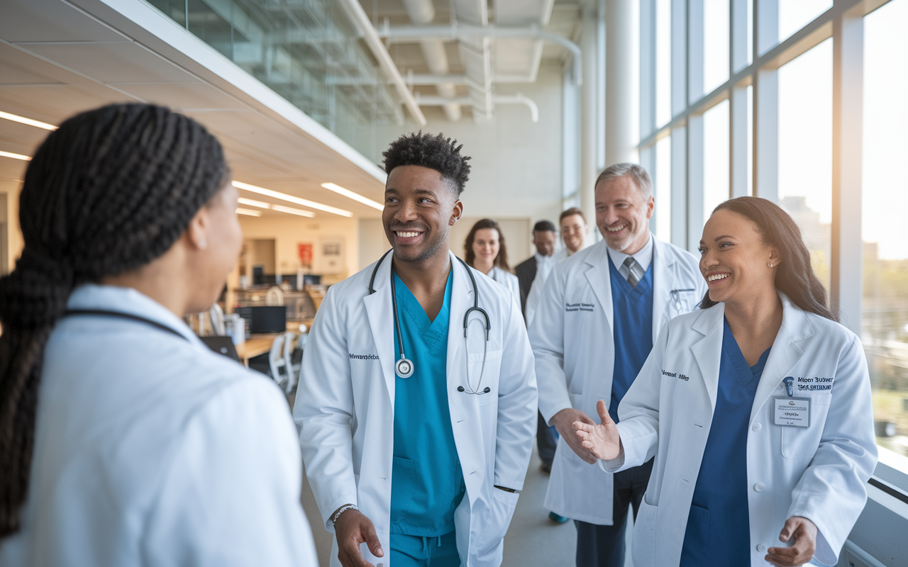 A young medical resident touring a hospital environment, interacting with welcoming faculty members and cheerful current residents. They are in a state-of-the-art facility with modern medical equipment and collaborative workspaces, illuminated by bright, natural light from large windows. There’s a palpable sense of enthusiasm and professionalism in the air, showcasing a supportive residency atmosphere.